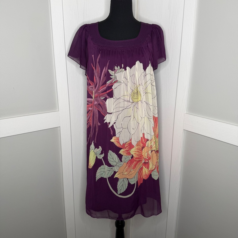 Max Studio Shift Dress Womens Medium Purple Floral Chiffon Flutter Sleeve 4999